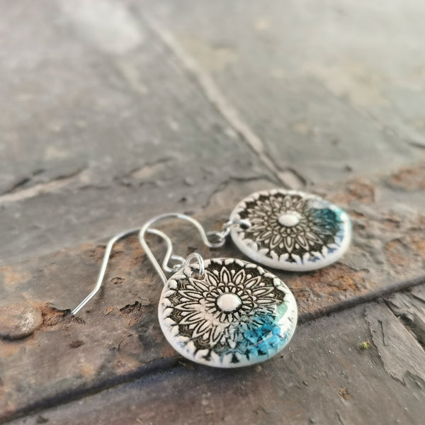 Light torquoise mandala earrings, handmade jewelry