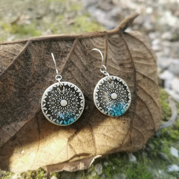 Light torquoise mandala earrings, handmade jewelry