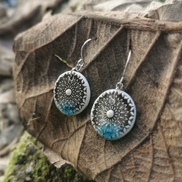 Light torquoise mandala earrings, handmade jewelry