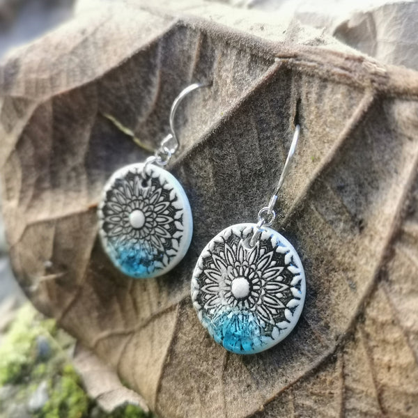 Light torquoise mandala earrings, handmade jewelry