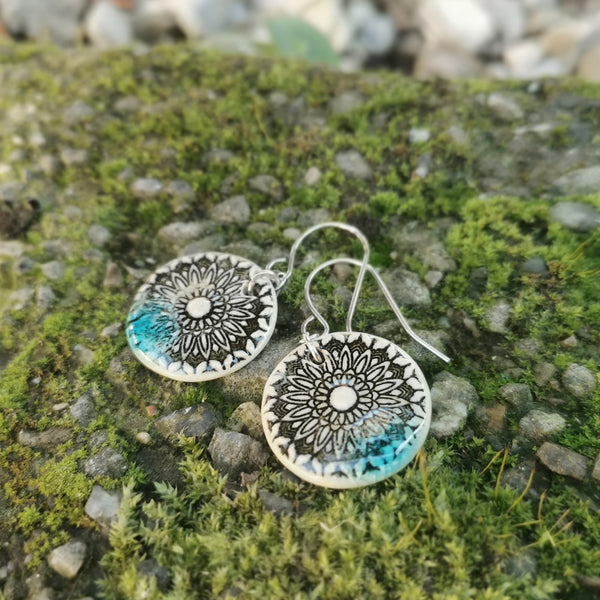 Light torquoise mandala earrings, handmade jewelry