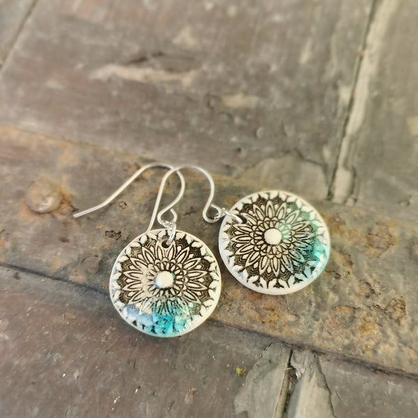 Light torquoise mandala earrings, handmade jewelry