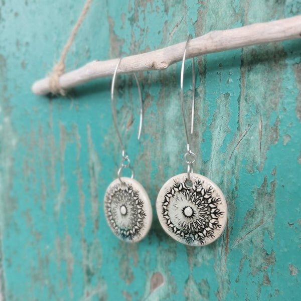 Ceramic mandala pattern, rustic earrings