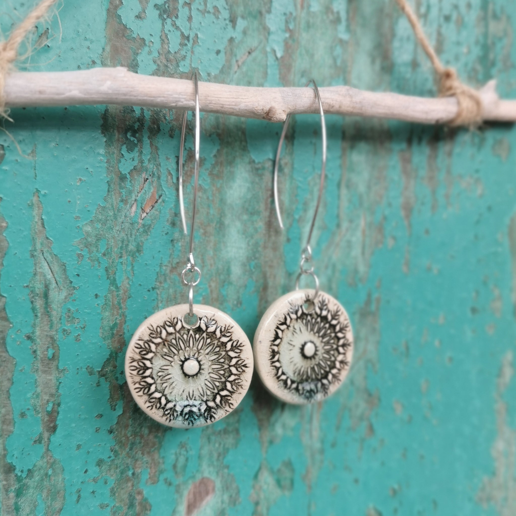 Ceramic mandala pattern, rustic earrings