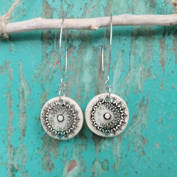 Ceramic mandala pattern, rustic earrings