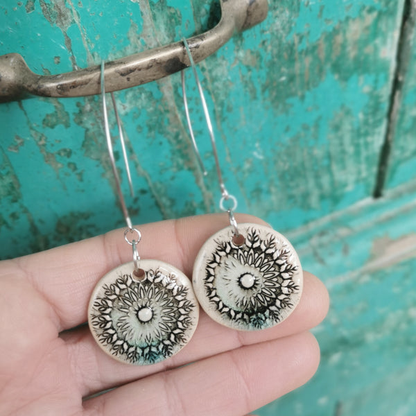 Ceramic mandala pattern, rustic earrings