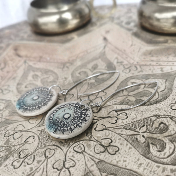 Ceramic mandala pattern, rustic earrings