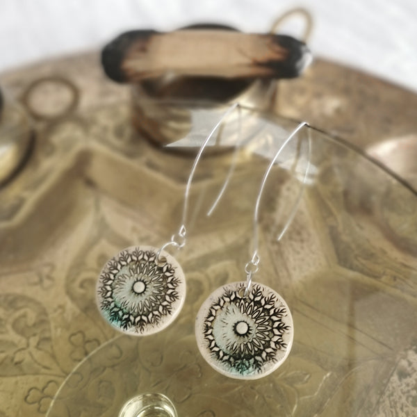 Ceramic mandala pattern, rustic earrings