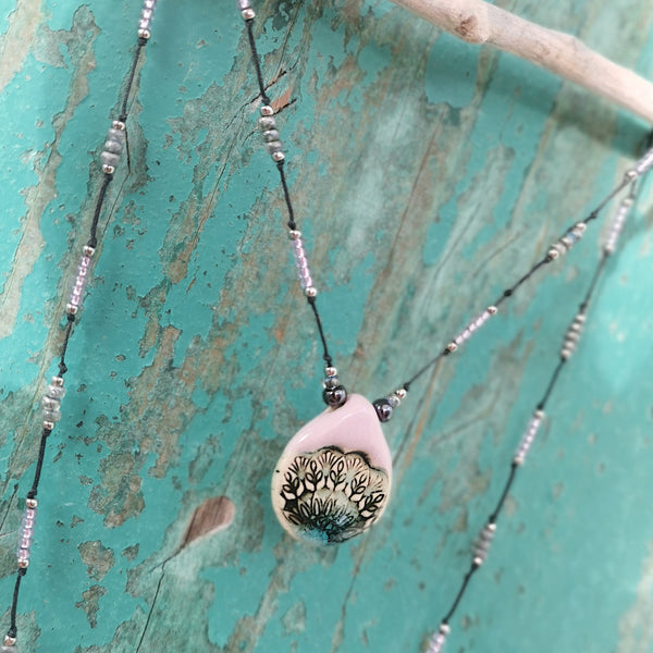 Colorful ceramic necklace with glass pearls