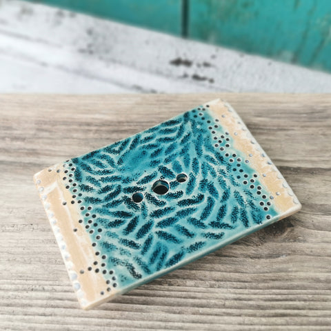 Unique ceramic SOAP HOLDER in turquoise color, handmade bathroom accessorie